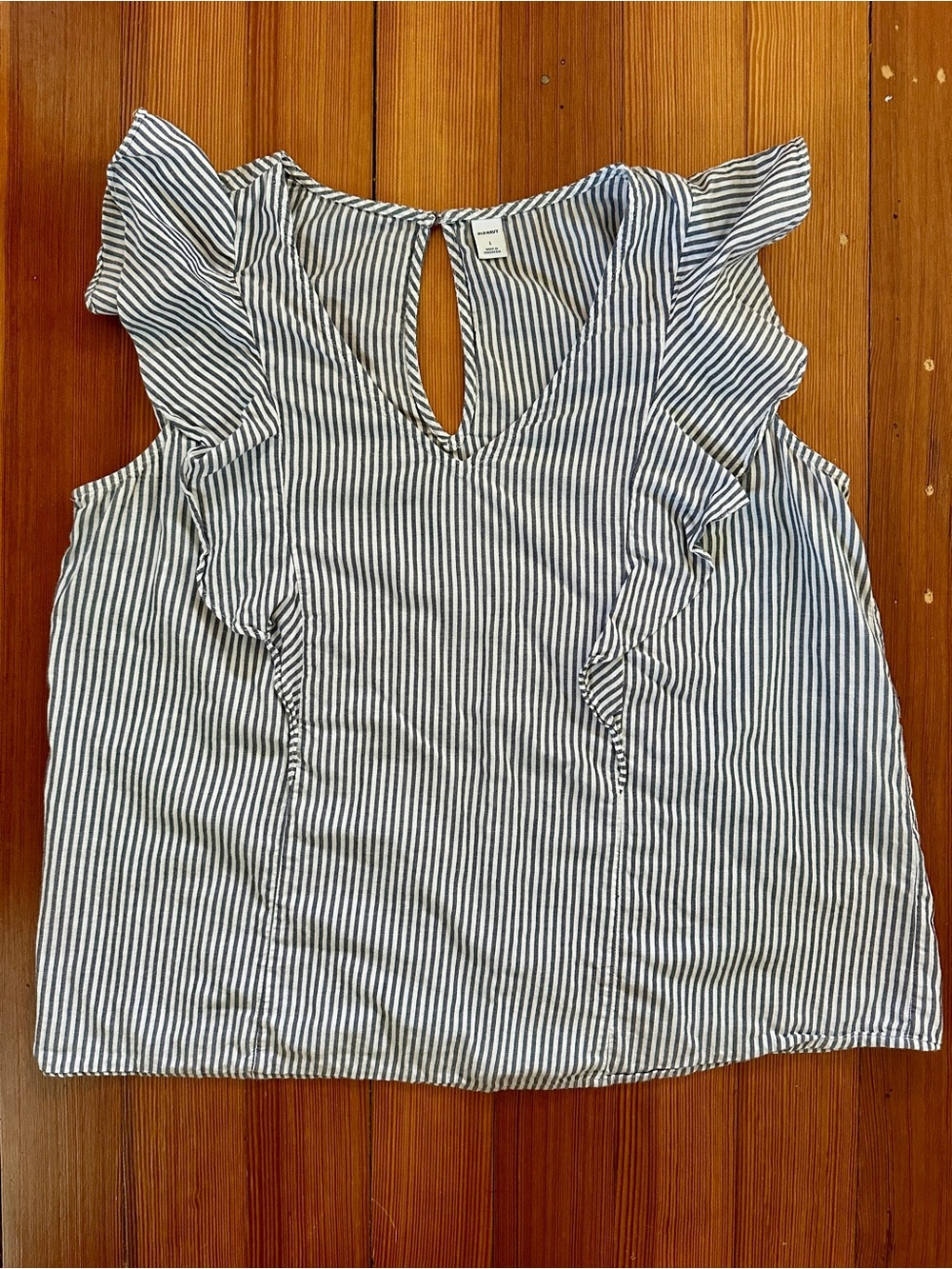 Old Navy Blue & White Striped Ruffle Sleeve V-Neck Blouse Size L